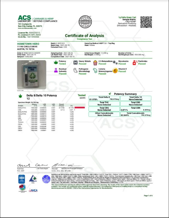 Hometown Hero Delta 8 THC Carts โ 1g