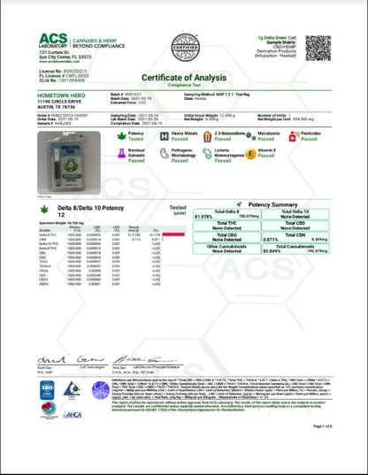 Hometown Hero Delta 8 THC Carts – 1g